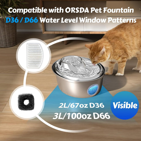D36/D66 (8 Replacement+4 ORSDA Cat Water Fountain Filters, ONLY for Cat Fountain With Water Level Window, Filters Pump