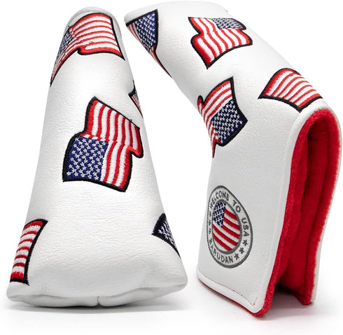 US Flag Golf Putter Cover - Premium Leather Blade Headcover with Magnetic Closure, White Golf Accessories for Men