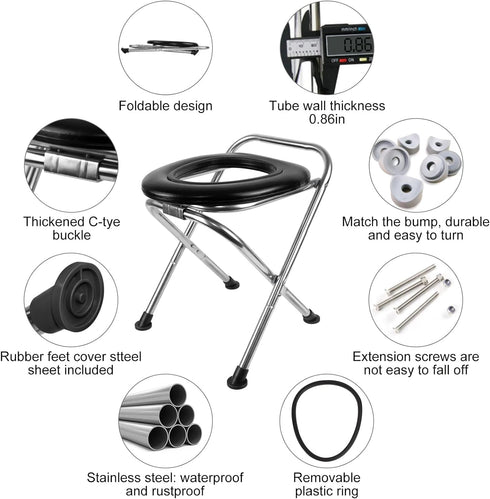 16.5"H 350LB Portable Toilet for Camping, Capacity Stainless Steel Folding Toilet with Soft Seat & Bags, Collapsible