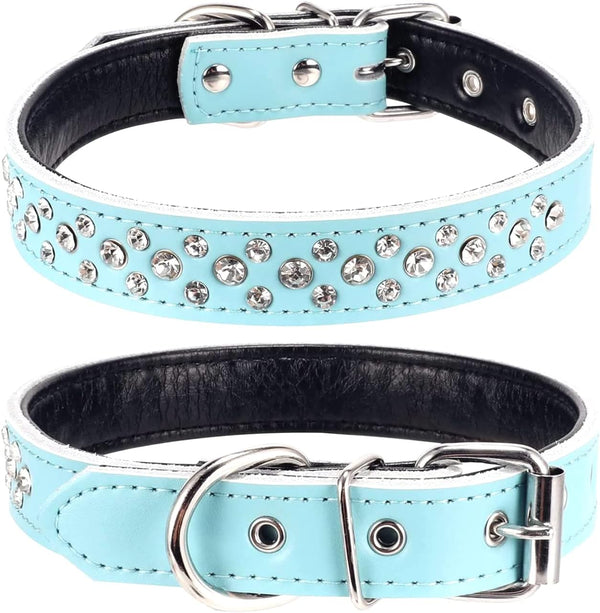 Rhinestones Dog Collar, Adjustable Sparkly Crystal Studded Genuine Leather for Small Medium Breeds, S fit Neck 11-13"