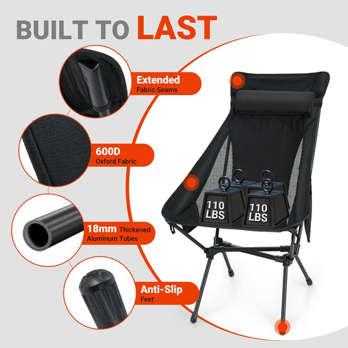 440LBS Backpacking Overmont Portable High-Back Camping Chair - Support Oversized Lightweight Folding Chair for Adults