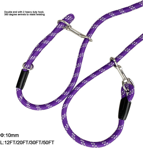 Long Rope Dog Leash for Training 12FT 20FT 30FT 50FT, Reflective Threads Tie-Out Check Cord for All Dogs (Purple,