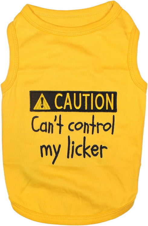 Parisian Pet Dog T-Shirt - 'Caution Can’t Control My Licker' Embroidered Tee Shirt, 100% Cotton, Yellow (L)