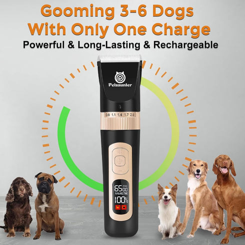 Dog Grooming Clippers Kit, Low Noise Electric Trimmer, 4-Speed & LCD, Cordless Rechargeable Hair Clippers for Thick