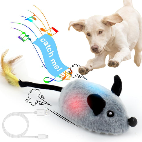 BABORUI Interactive Dog Toys Mouse, Escaping Squeaky Toys with Lights & Auto-Turn, Rechargeable