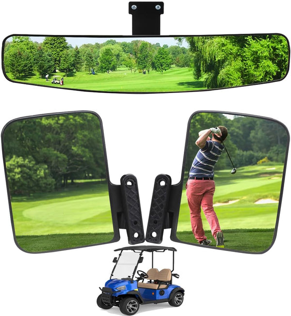 Golf Cart Mirror, HKOO Folding Side Mirrors and Rear View Mirror, Extra Wide Panoramic Combo Pack