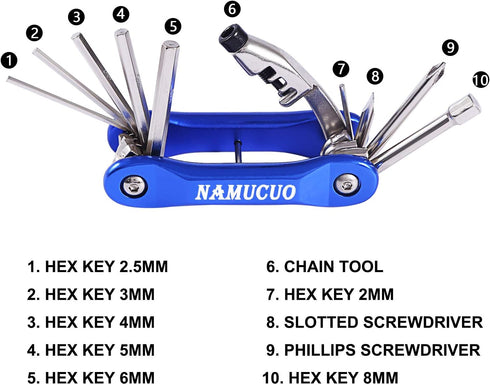 YBEKI Bike Repair Tool Kits - 10 in 1 Bicycle Tool Set with Saddle Bag and Multi-tool Chain Tool (Blue)
