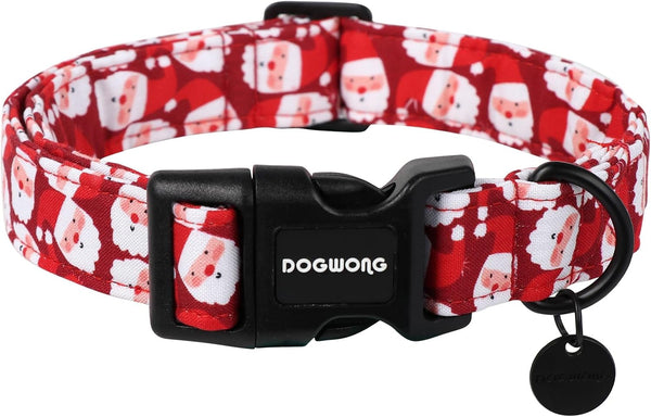 DOGWONG Christmas Cotton Dog Collar, Durable Red Santa Claus Holiday Pet Necklace for Small, Medium, Large Dogs