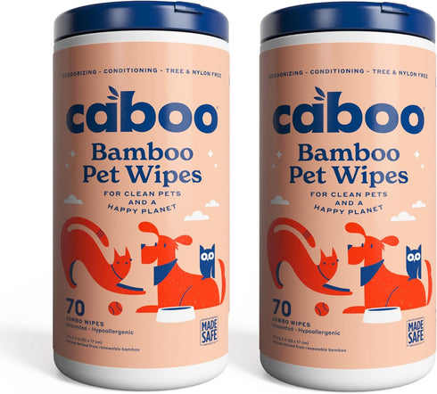 Caboo Tree Free Pet Wipes for Dogs & Cats, Natural Deodorizing Hypoallergenic Cleaning Wipes, 2 Canisters, 140 Jumbo