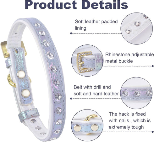 LOVPE Dog Collar Bling Leather with Studded Diamonds Glamorous Rhinestone Gold Buckle Accessory for Small to Medium Dogs,Cats,Girl & Boy Puppies kittens (S, Gray)