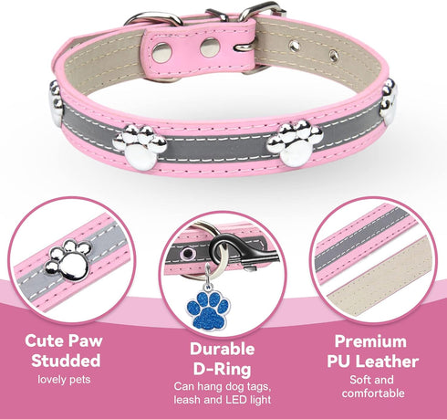 Reflective Dog Collar with Cute Paw Rivet Studded Soft PU Leather Adjustable Collar for Small Medium Large Dogs (Pink,