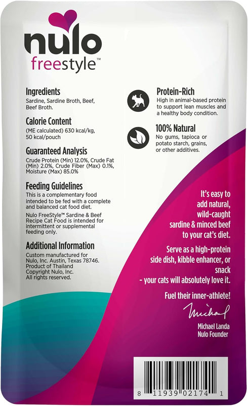 2.8oz (Pack 24) Nulo FreeStyle Cat & Kitten Wet Cat Food - Sardine & Beef in Broth, Grain-Free, High Protein Soft Food