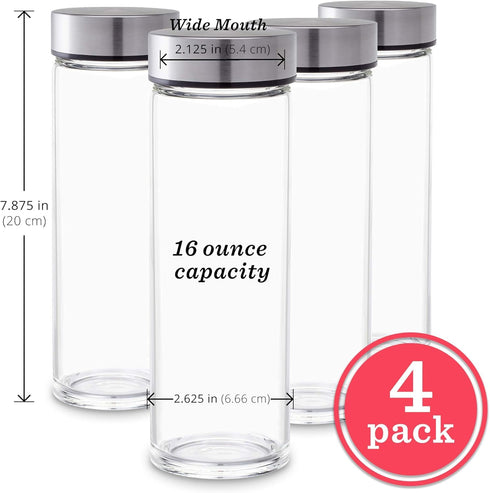 Juice Bottles - 4 Pack Wide Mouth Glass Bottles with Lids for Juicing, Smoothies, 16oz, BPA Free