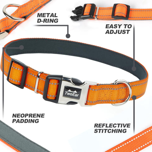 TwoEar Heavy Duty Dog Collar with Metal Buckle, Soft Neoprene Padded Breathable Nylon Pet Collar, Adjustable Reflective Dog Collars for Small Dogs