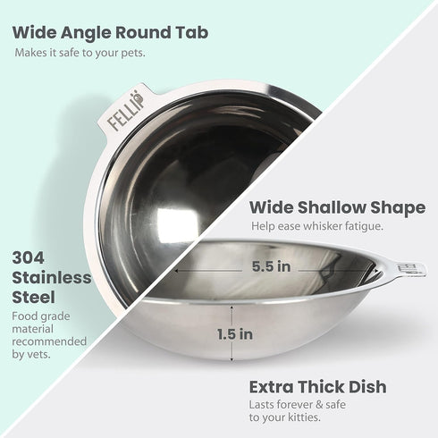 Felli Pet Oblik Anti Whisker Fatigue Cat Bowl, Raised Stainless Steel Wide Shallow Dish, Vomit & Spill Proof, 0.5Cup