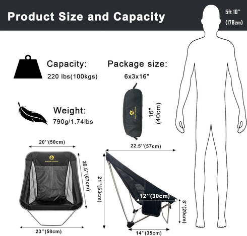 Backpacking, Ultralight Folding Camping Chair Low Lightweight Foldable Camp Chairs with Carry Bag for Hiking, Picnic