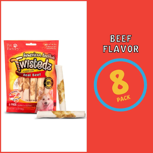 5" 8 Count/4 Pack Pet Factory Twistedz American Beefhide Chip Rolls Dog Chew Treats w/Real Beef Meat Wrap