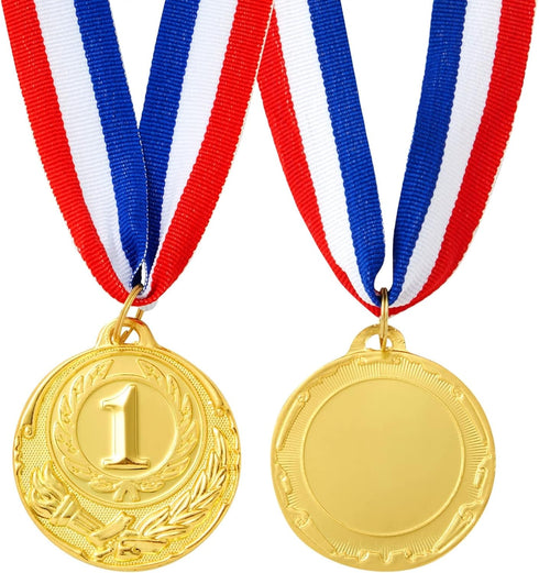 Juvale 1st Place Gold Medals for Kids & Adults - 6-Pack with 15.5 in Red, White & Blue Neck Ribbon