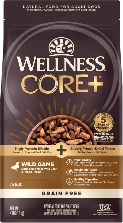 Wellness CORE+ Natural Grain Free Dry Dog Food, Wild Game Duck, Wild Boar & Rabbit with Freeze Dried Lamb, 4-Pound