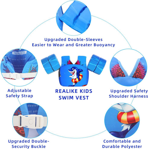 REALIKE Kids Swim Vest Floaties with Shoulder Harness and Arm Wings for Children/Infant/Baby, 28-70lbs