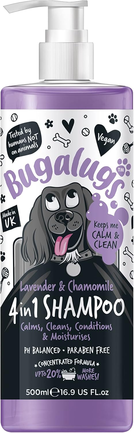 Dog Shampoo by Bugalugs, Lavender & Chamomile 4 in 1 Grooming Shampoo for Smelly Dogs, Vegan
