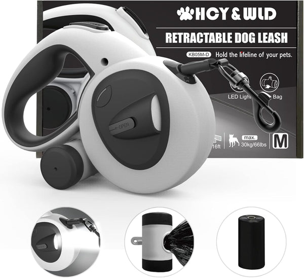 Upgrade 4-in-1 Retractable Dog Leash with LED Light & Dispenser & Poop Bags, 16ft Heavy Duty for Dogs up to 66lbs