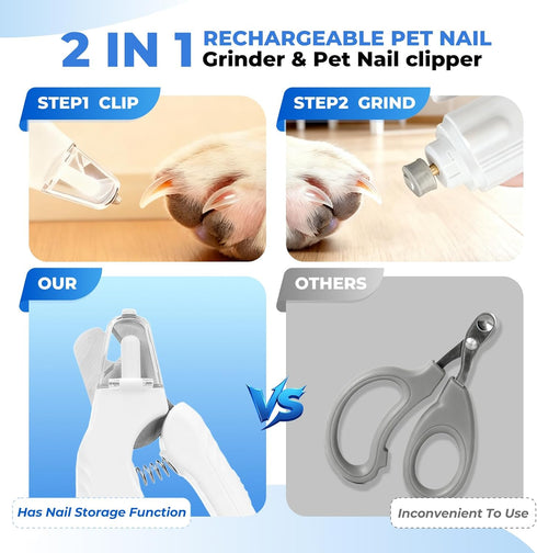 GJKQRJ 2-in-1 Pet Nail Clipper & Grinder Features Dual LED Lights, USB Rechargeable, Low-Noise Electric Grinding