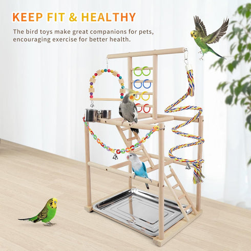 3 Bird Playground, Parrots Playstand for Small to Medium Birds, Perch Stand with Ladders Playgym with Rope Perch