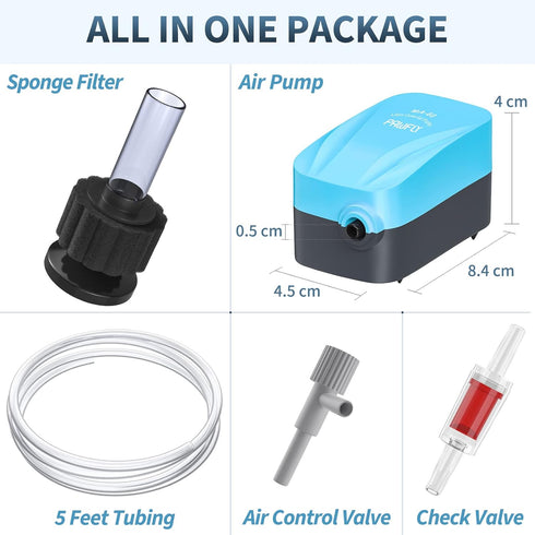 Pawfly Aquarium Air Pump Kit with Nano Bio Sponge Filter, Airline Tubing, Air Control Valve & Check Valve Accessories