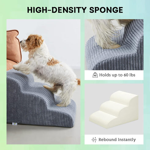 Dog Stairs & Steps for High Beds, 3 Steps High Density Foam Waterproof Ramp for Small Dogs and Cats, H:16"