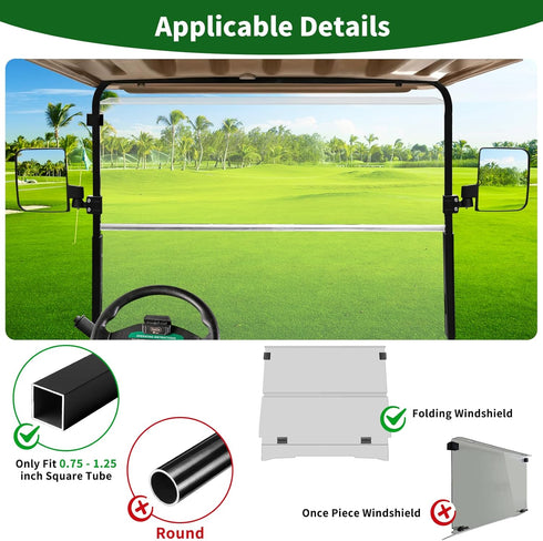 Golf Cart Side Mirrors - Universal Folding Rear View Mirror for 0.75"-1.25" Square Rail, Fits EZGO and Club Car