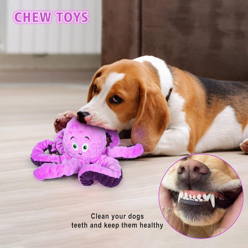 Dog Squeaky Toys Octopus - Tough Plush Toys for Large Medium & Small Dogs, Funny Birthday Presents (Octopus Purple)