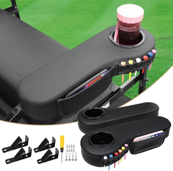 No Drilling Golf Cart Armrest with Cup Holder, Phone Bag, Fits 1" Side Square Tube for EZGO Club Car