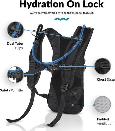 Water Buffalo Hydration Backpack - Lightweight Pack with 2L Water Bladder for Hiking, Running, Biking, Raves