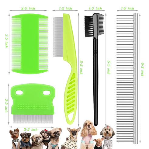 Flea Comb Lice Comb - 2-in-1 Pet Grooming Combs for Dogs and Cats, Tear Stain Remover, Green