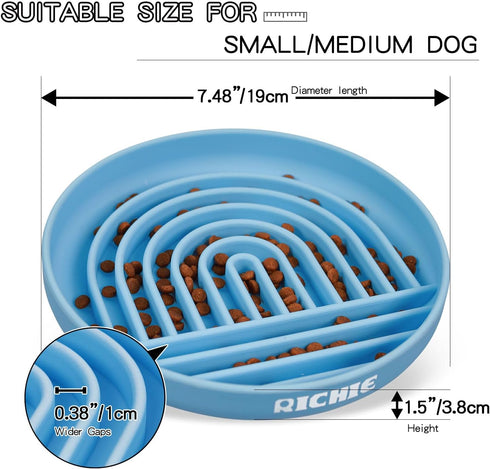 RICHIE Slow Feed Dog Bowl, Anti-Gulping, Durable Silicone, Safe for Small to Large Breeds, Blue