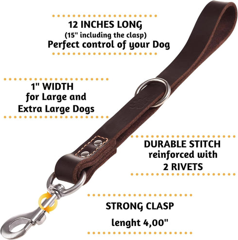 Short Leather Dog Leash, 12" Length x 1" Wide, Traffic Dog Leash for Medium, Large and Extra-Large Breeds