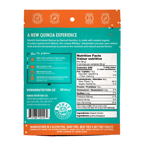 1-3 112g (Pack 4) Nomad Nutrition Instant QUINOA | Fully cooked | High Fibre, Iron & Potassium | Organic, No Added
