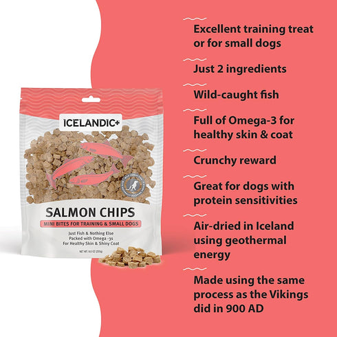 Icelandic+ Mini Fish Chips: Salmon 9oz - Dog Treats for Training & Small Dogs, 2 Ingredient Air-Dried Crunchy Chips