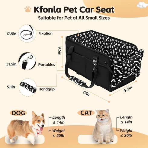 Kfonla 15lbs Center Console Dog Car Seat, Portable Pet Cat Puppy Booster Armrest Carseat, Anti-Collapse Pet Car Seat