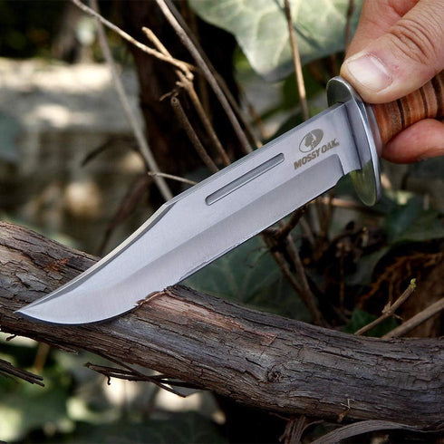 Mossy Oak 2-piece Bowie Knife, Fixed Blade Hunting Knife with Leather Handle