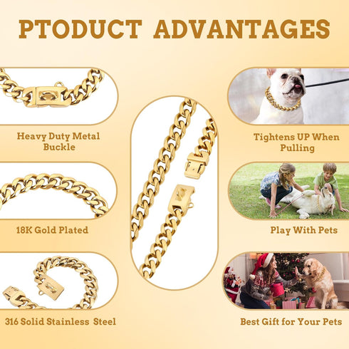 BAOBOTE 19mm Gold Chain Dog Collar, Luxurious Cuban Link with Secure Snap Buckle for Large Pitbulls (24" Gold)