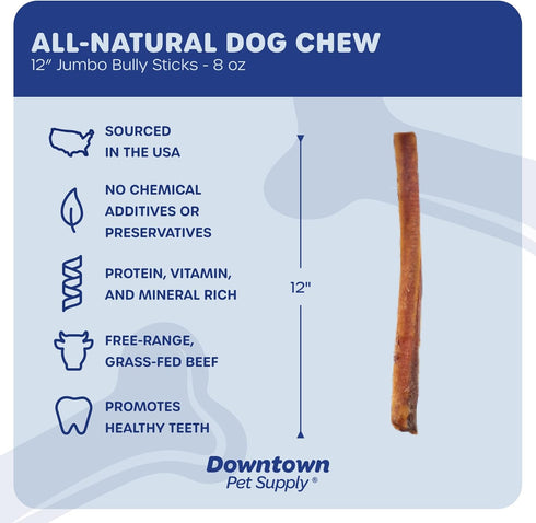 Downtown Pet Supply Jumbo Bully Sticks 12", 8 Oz. for Large Dogs | Rawhide Free, Long Lasting Chews, Low Odor, Single