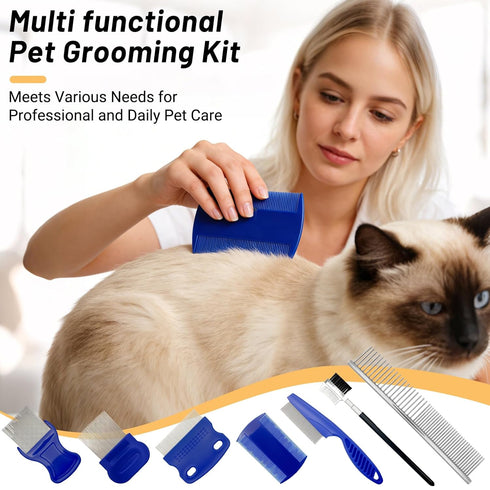 IKKAB 7 Pack Set Flea Comb for Cats and Dogs, Stainless Steel & Plastic Pet Grooming Combs with Dog Eye Comb & Tear