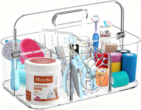 Clear Dog Storage Organizer,Pet Grooming Supplies Organizer with Handle,5 compartments Countertop Caddy,