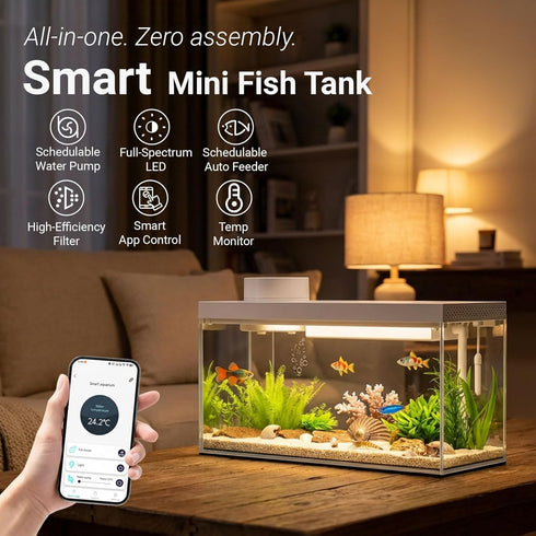 1.3 Gal Glass Desktop Fish Tank Kit with Bluetooth App Control - Automatic Feeder, RGB Lighting, Temperature Monitor