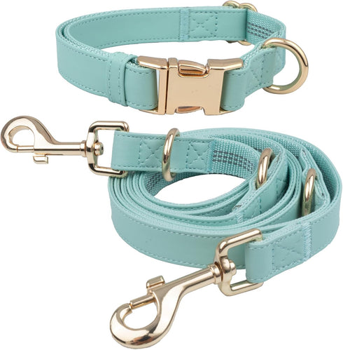Leather Dog Collar and Leash Set, 7FT Reflective Vegan Leather with Gold Metal Buckle for Small, Medium, Large Dogs (S,