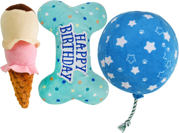 PrimePets Dog Birthday Toys, 3 Pack Plush Crinkle Squeaky Toys, Birthday Party Supplies for Small Medium Large Dogs