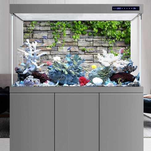 AWERT 24x16 inches Stone Brick Wall Aquarium Background with Rock and Spring Leaves for Fish Tank