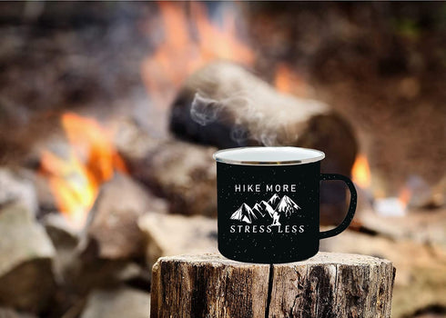 Rogue River Tactical Funny Black Large Camp Mug - Enamel Camping Coffee Cup Gift, Hike More Stress Less